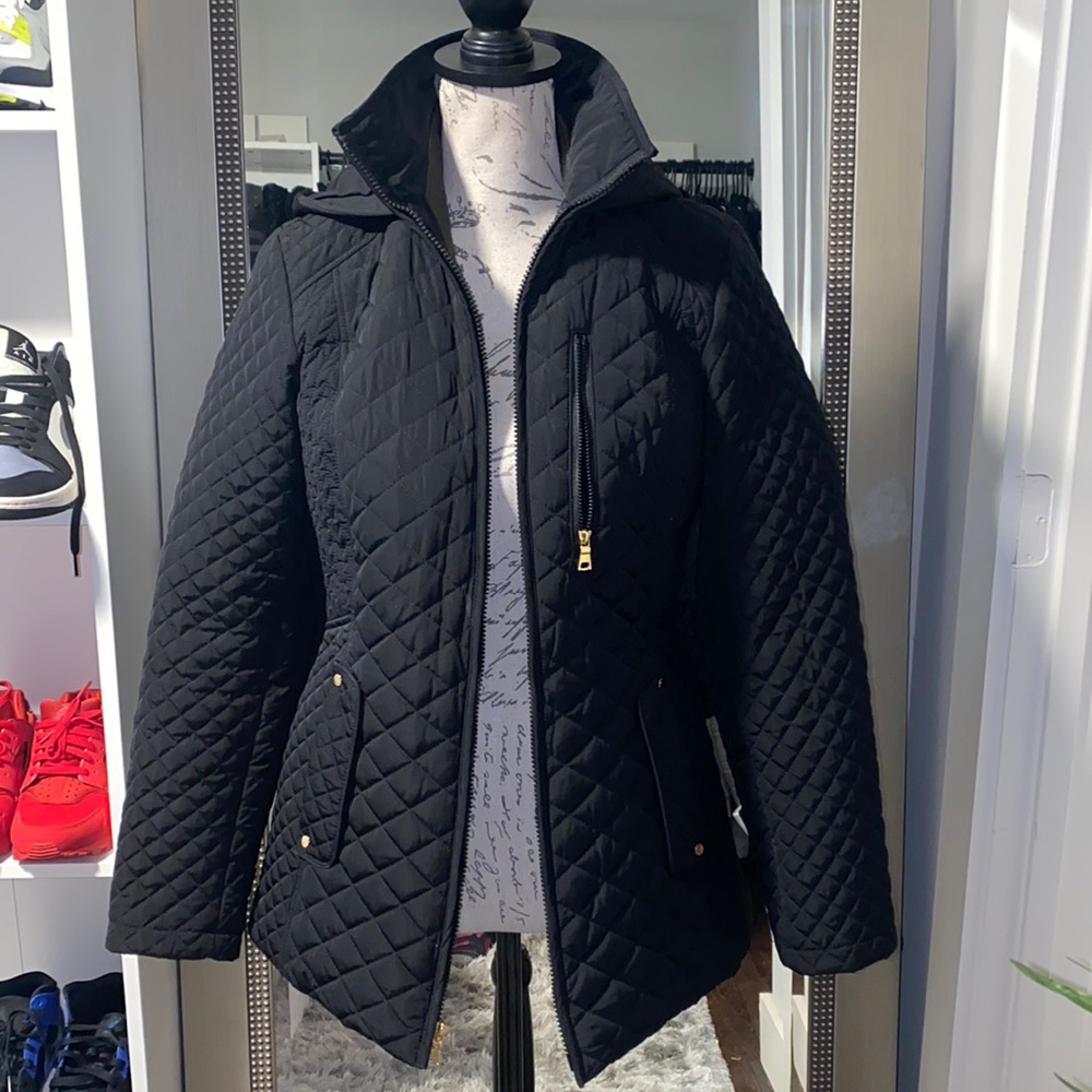 Longline quilted Black coat with gold hardware